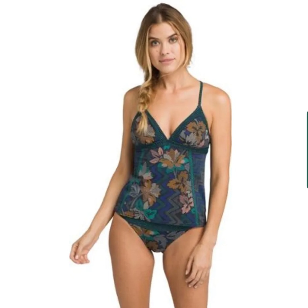 Prana Aleka Tankini Swimsuit Top Floral Black Horchata Woman's Large